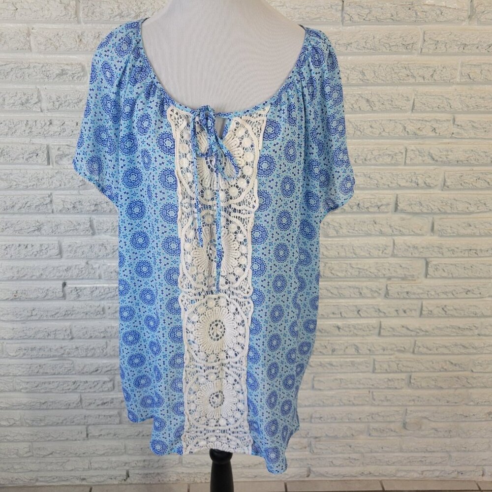 Woman Within Women's 2X Plus Blue Geometric Sheer Tunic Top Cap Sleeve GEO229E